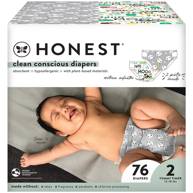 The Honest Company Clean Conscious Diapers | Plant-Based Sustainable | Pandas + Barnyard Babies | Club Box Size 2 (12-18 lbs) 76 Count