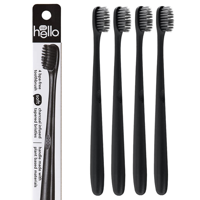 hello Charcoal Soft Toothbrush with Activated Charcoal from Sustainable Bamboo BPA- Free Made from Plant-Based Materials 4 Pack
