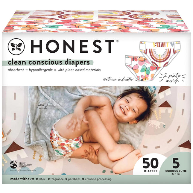 The Honest Company Clean Conscious Diapers | Plant-Based Sustainable | Wingin It + Catching Rainbows | Club Box Size 5 (27+ lbs) 50 Count